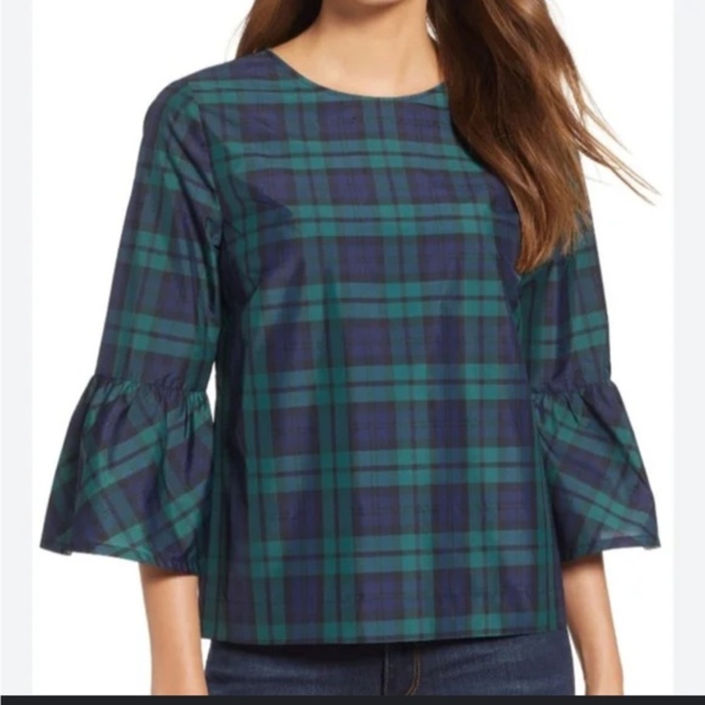 Vineyard Vines Green and Blue Plaid Bell Sleeve Blouse